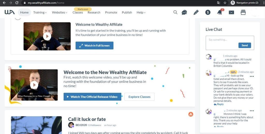 Wealthy Affiliate Dashborad